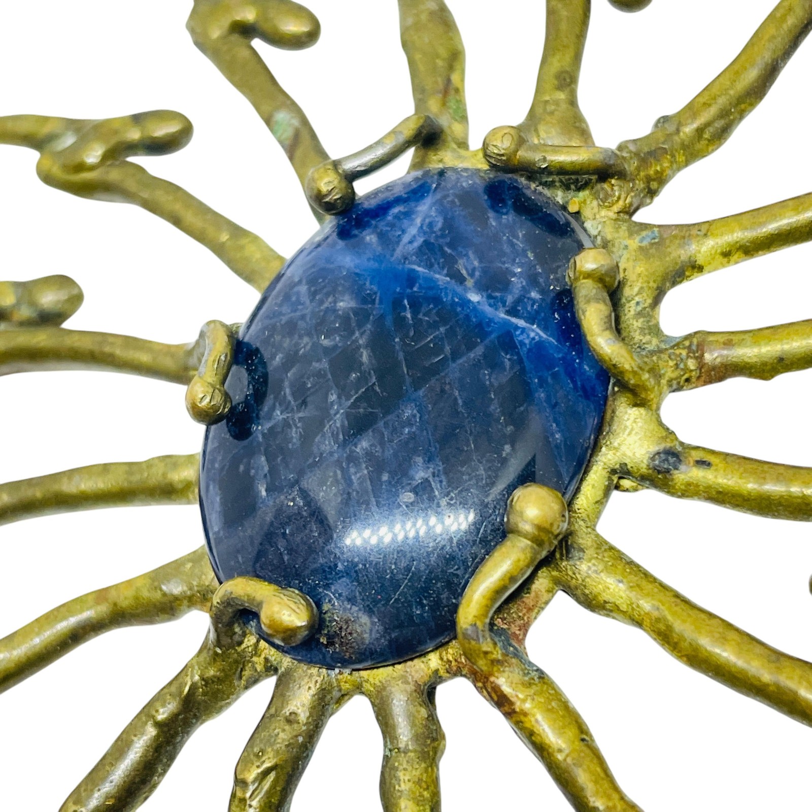 Vintage brass blue stone artisan abstract modernist designer pendant necklace