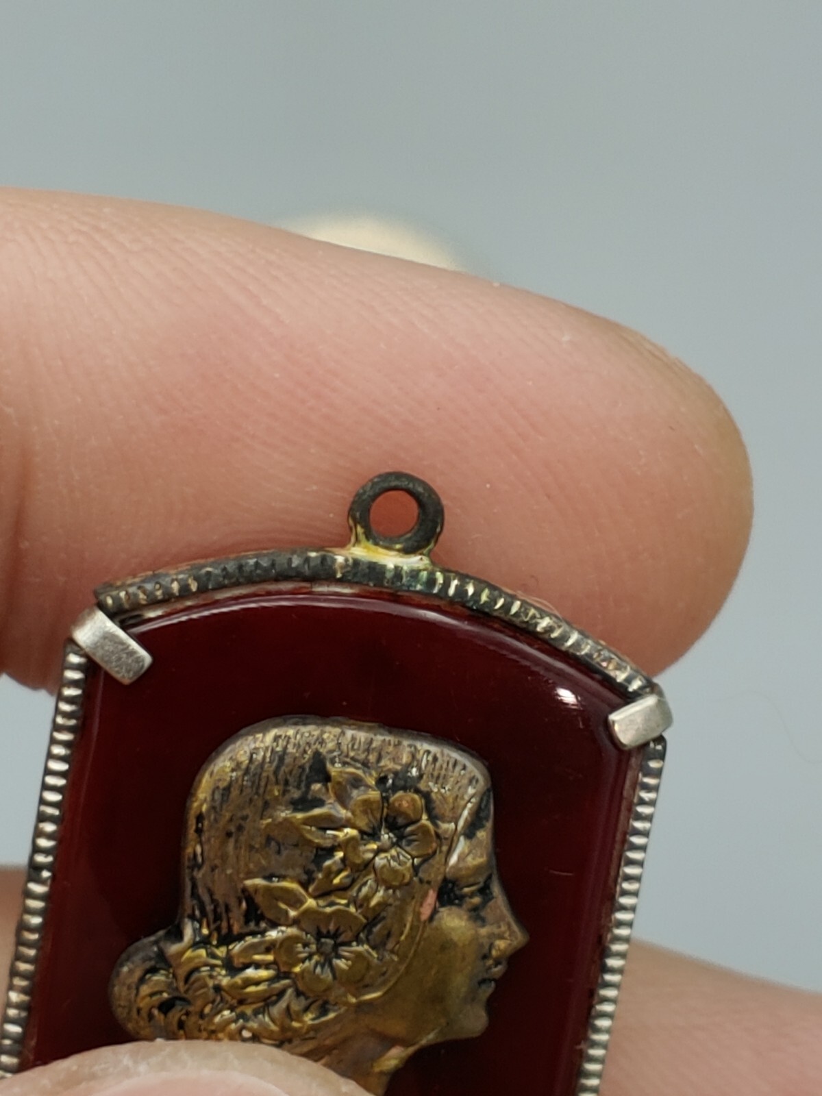 Gold Portrait Cameo Pendant Rectangle Oval Red Medium Size Circa 1920’s Gorgeous
