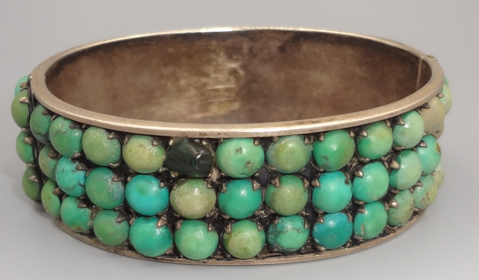 Antique BEE CHINA SILVER Chinese Export 3 Row Turquoise Cuff Bracelet READ