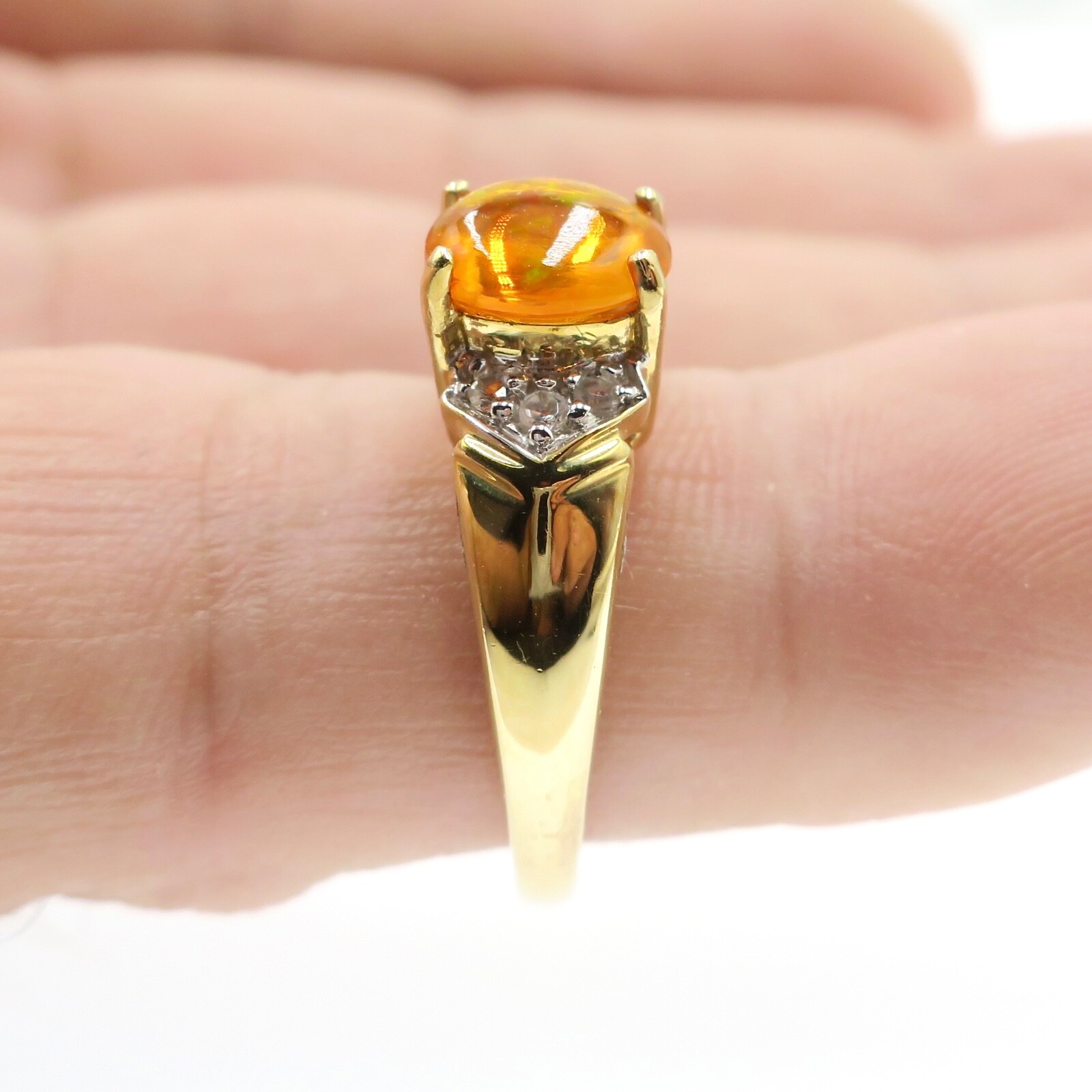 14k Solid Yellow Gold Natural Mexican Fire Opal Ring with Play-of-Color Sz 6.75