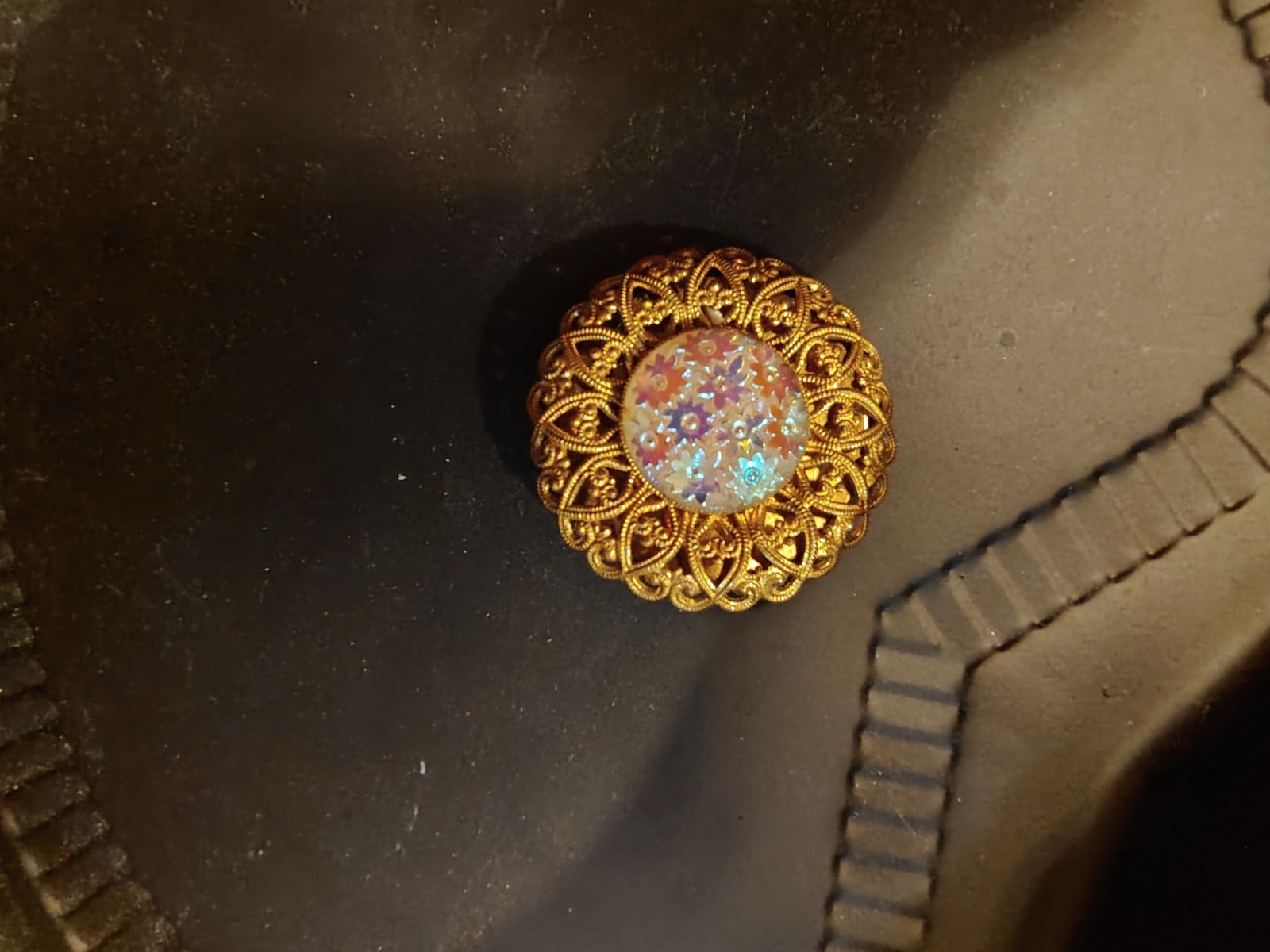 Vintage Western Germany Iridescent Flowers Filigree Scarf Clip Holder Gold Tone