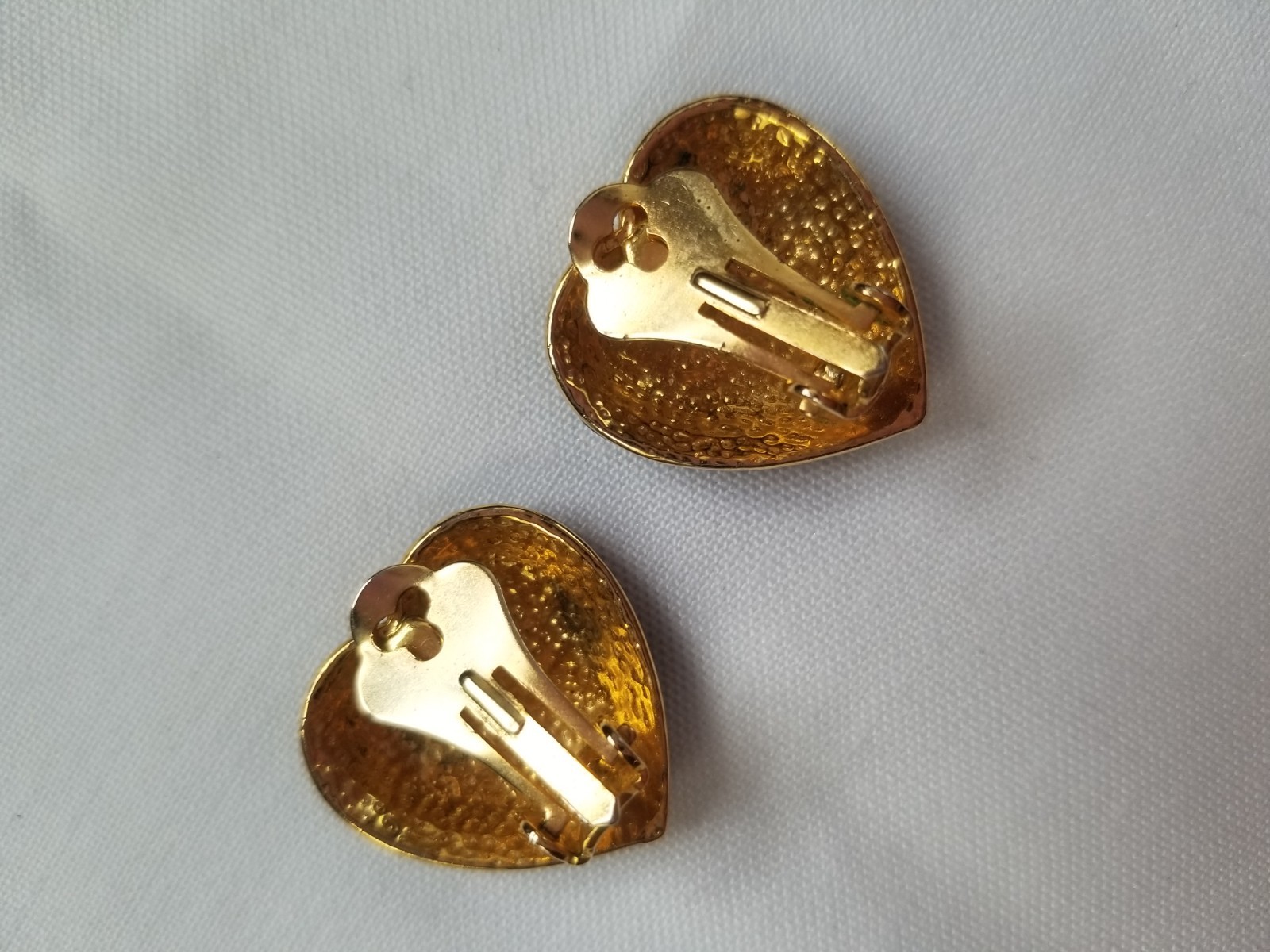 Vintage Black Enamel Heart Clip On Earrings with Pave Crystals Center Goldtone