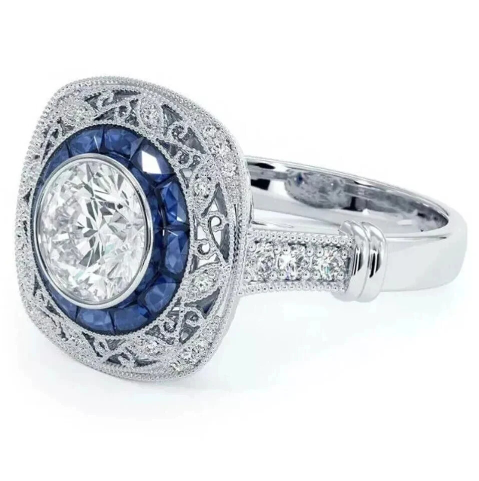 Art Deco Style Lab Created Diamond & Sapphire Wedding 14K White Gold Finish Ring