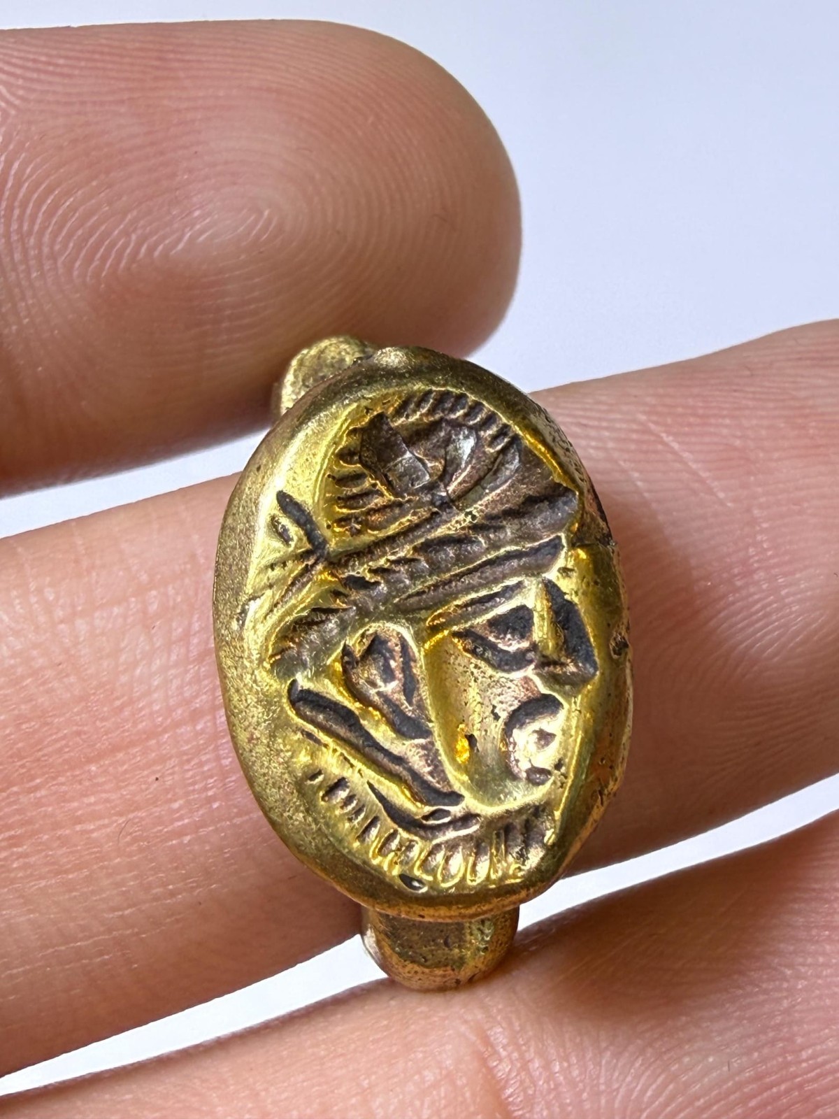 Antique greek king Bronze Ring – Tribal Intaglio Face Ring – Size 9