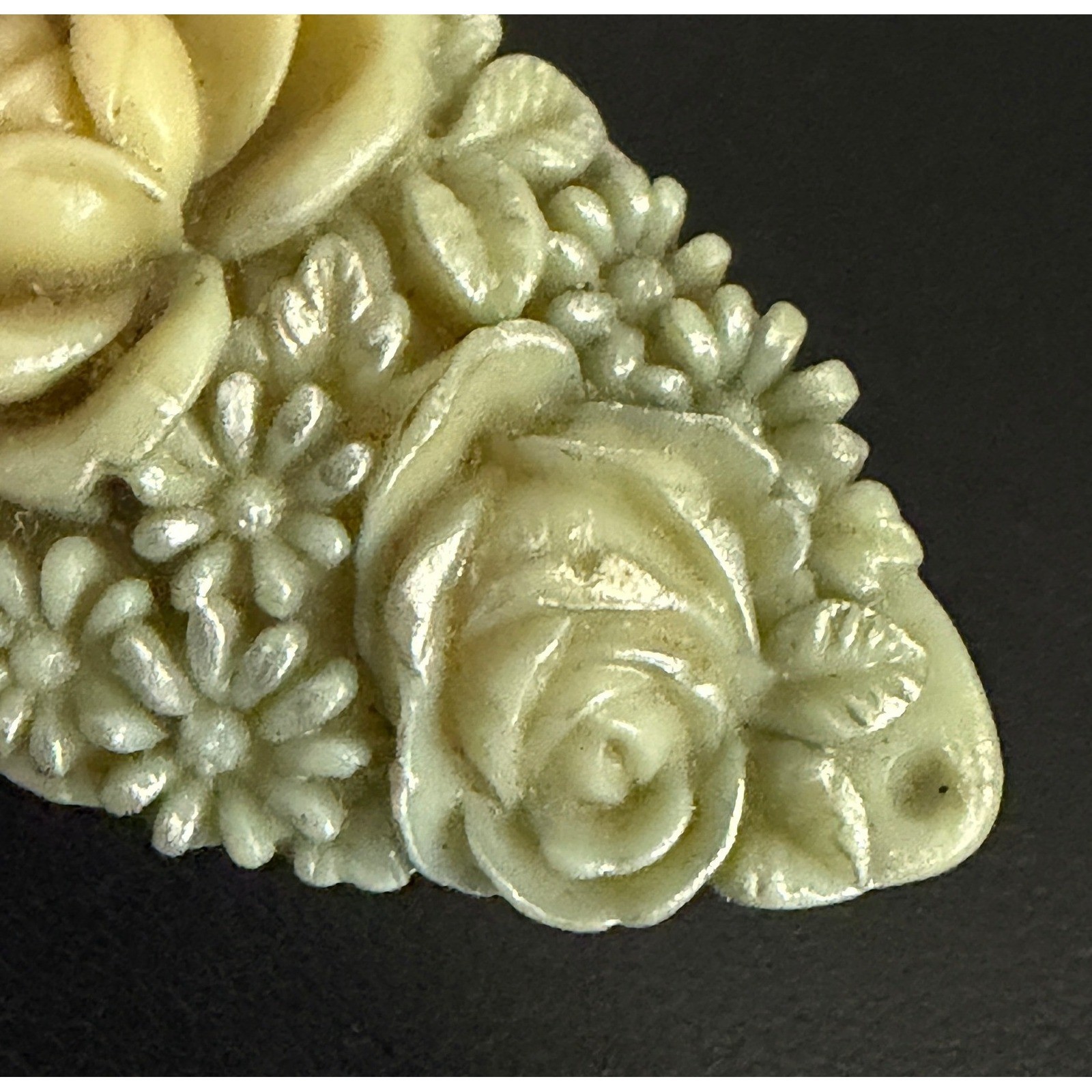 Vintage Celluloid Dress Clip Floral Rose Green Cream