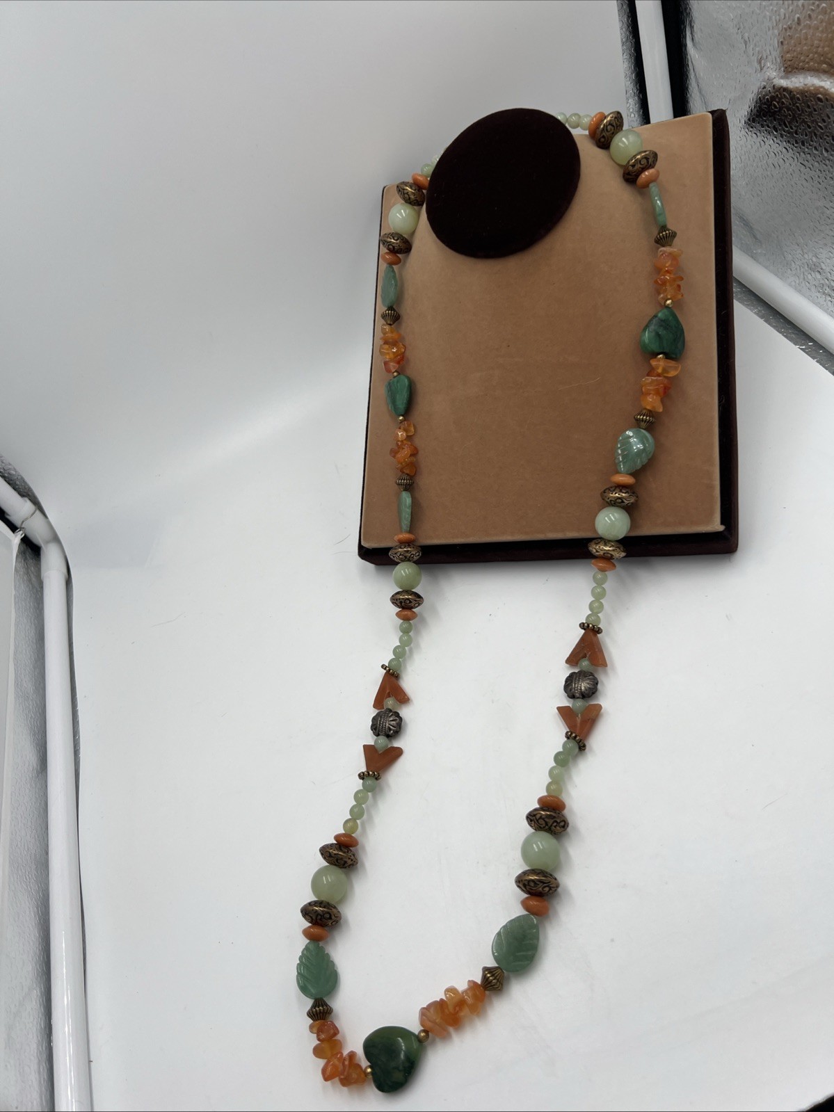 Vintage Leonard Craig Designer Necklace Real Stone Green Leaves Heart Longline