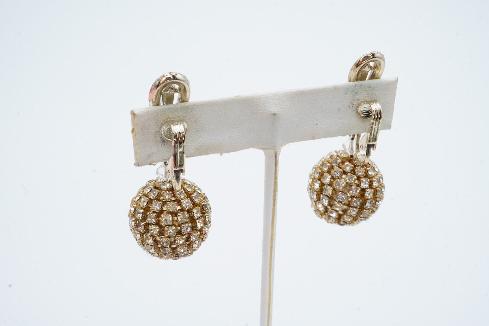 Vintage Clip On Earrings Gold Tone Rhinestone Ball