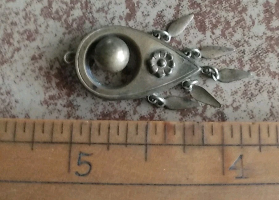 Antique Victorian Silver & Bronze Necklace Dangle Attachment Fancy Flower & Ball