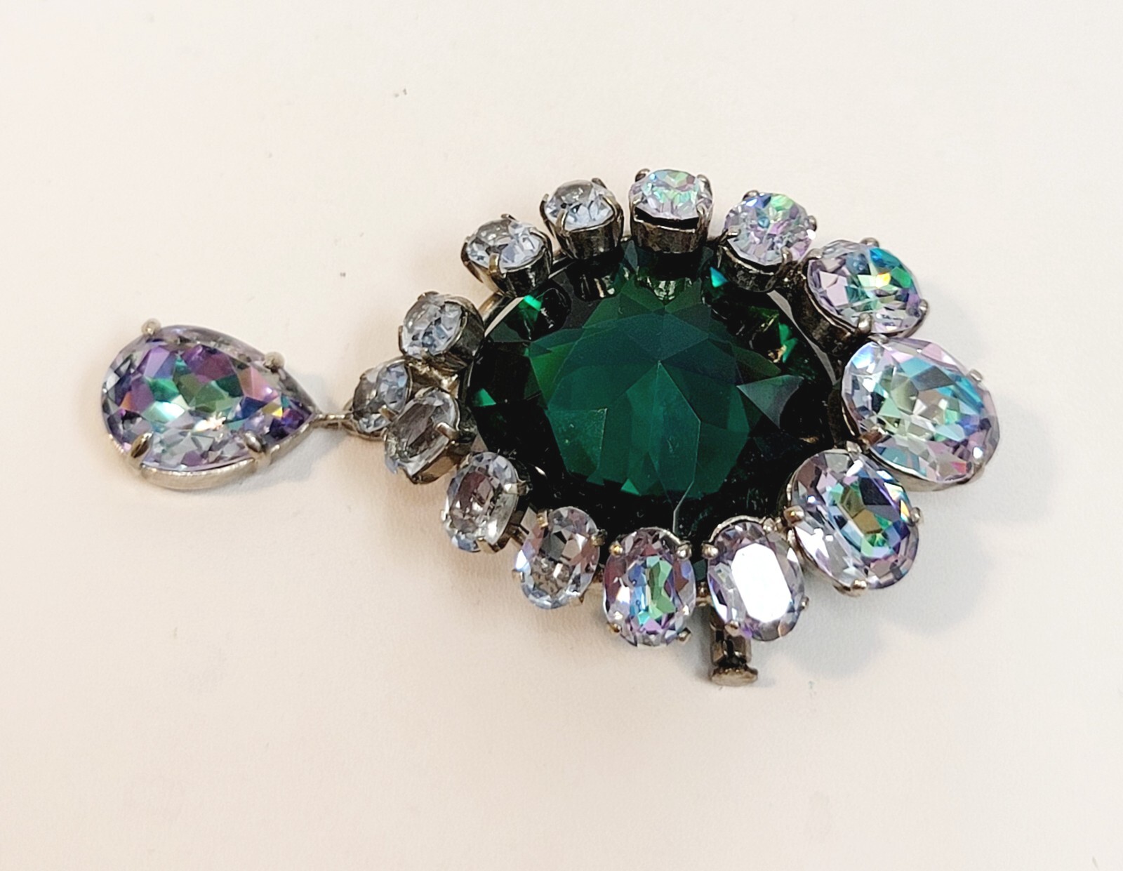 RJP Or CIS French Brooch Green Lavender Rhinestone Dangle Trombone Clasp