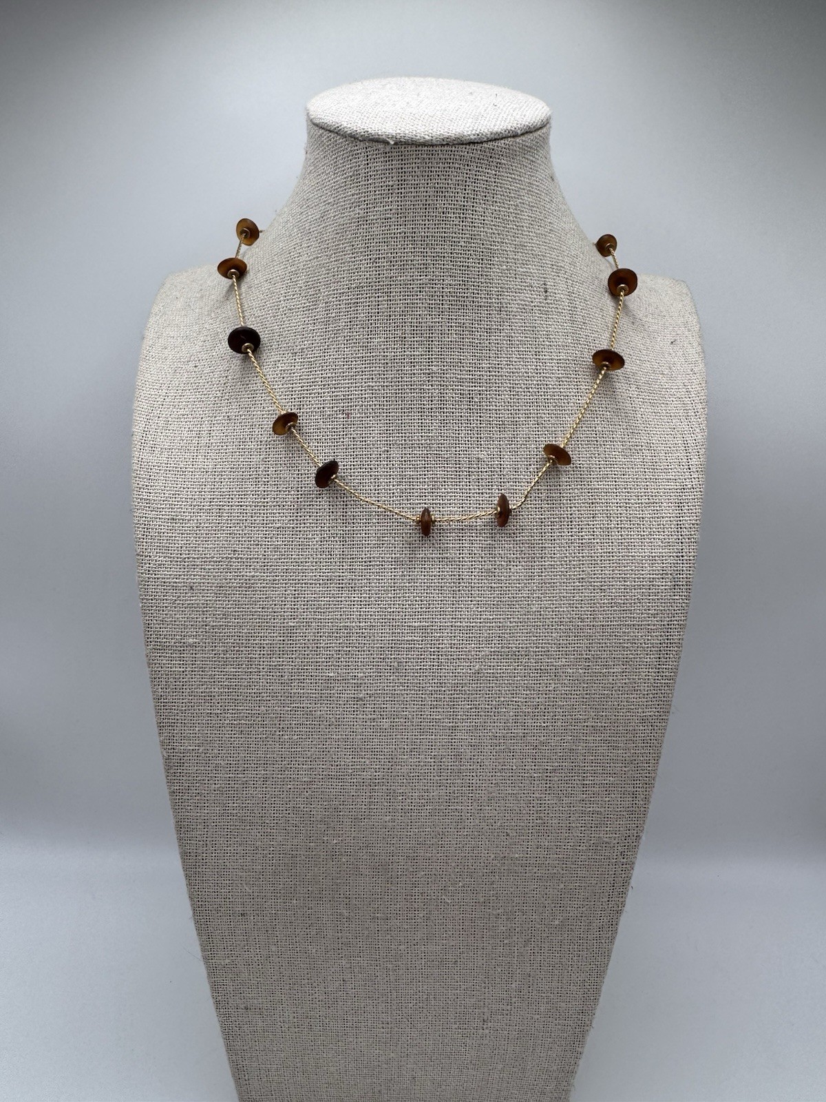Vintage Anne Klein Matte Gold Tone Chain Brown Bead Station Necklace 17”