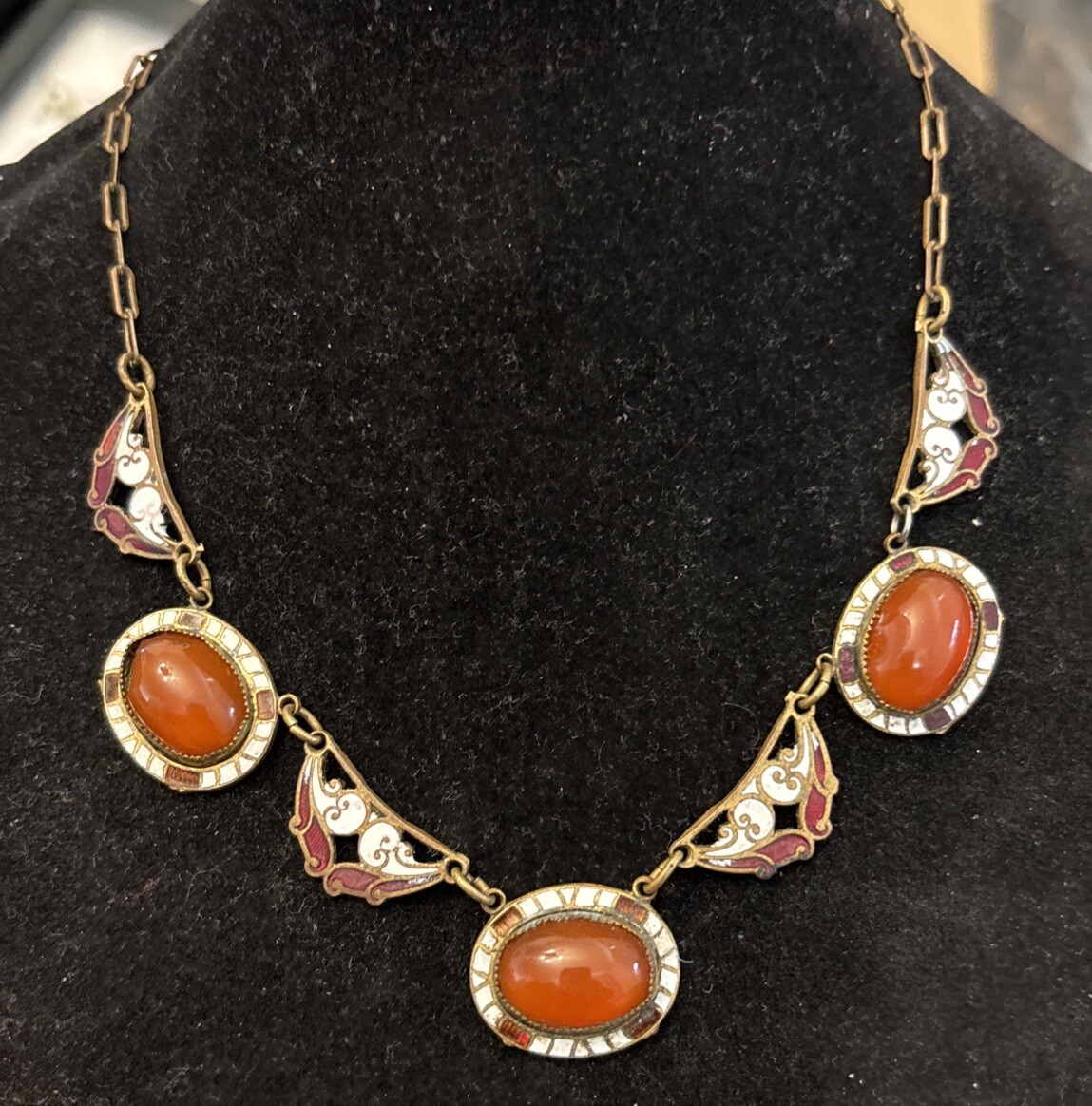 Vintage Czech Brass Gold Tone Carnelian? Cabochon Necklace Enamel