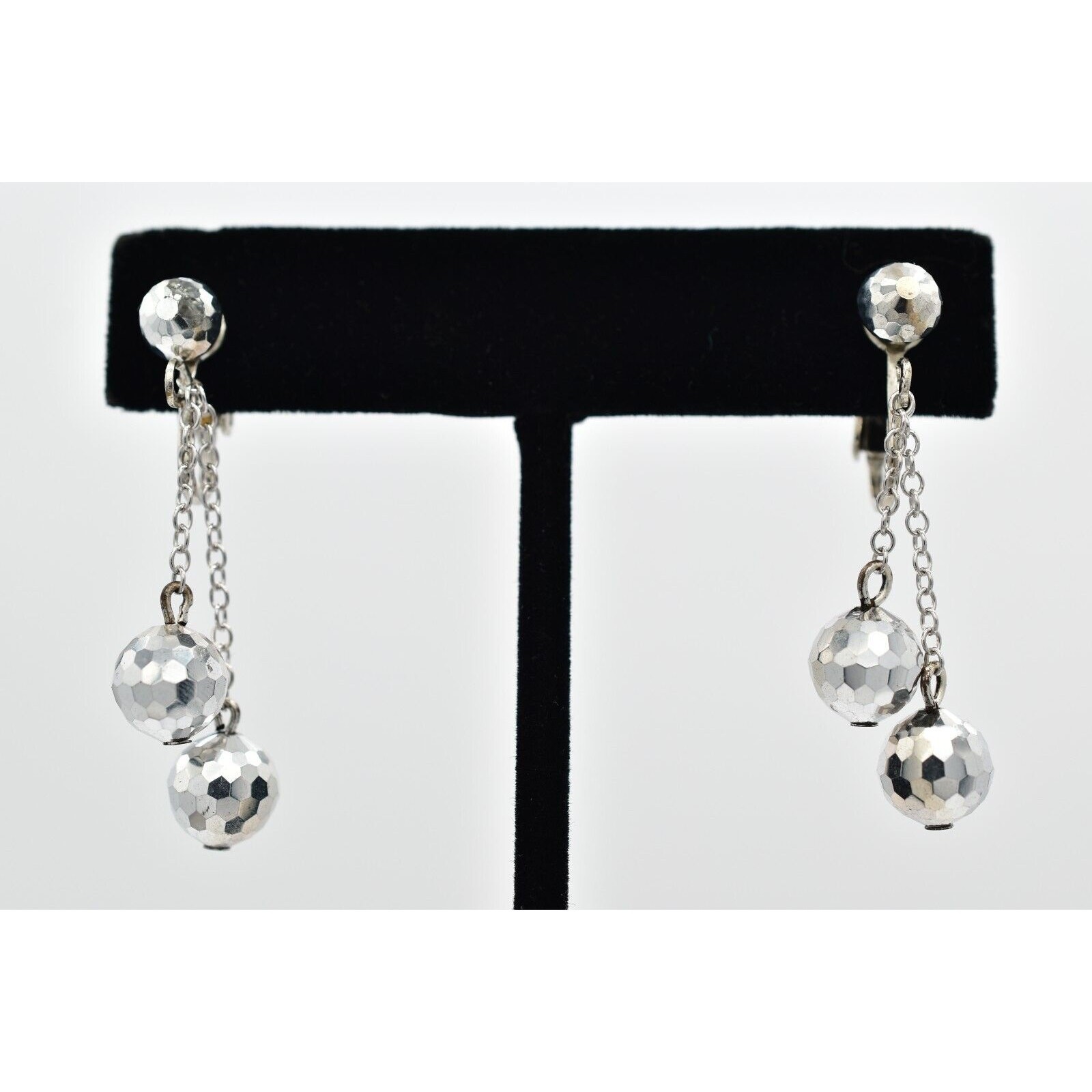 Vintage Crystal Clip On Earrings Silver Chain Disco Ball Chain Drop 1950s A23