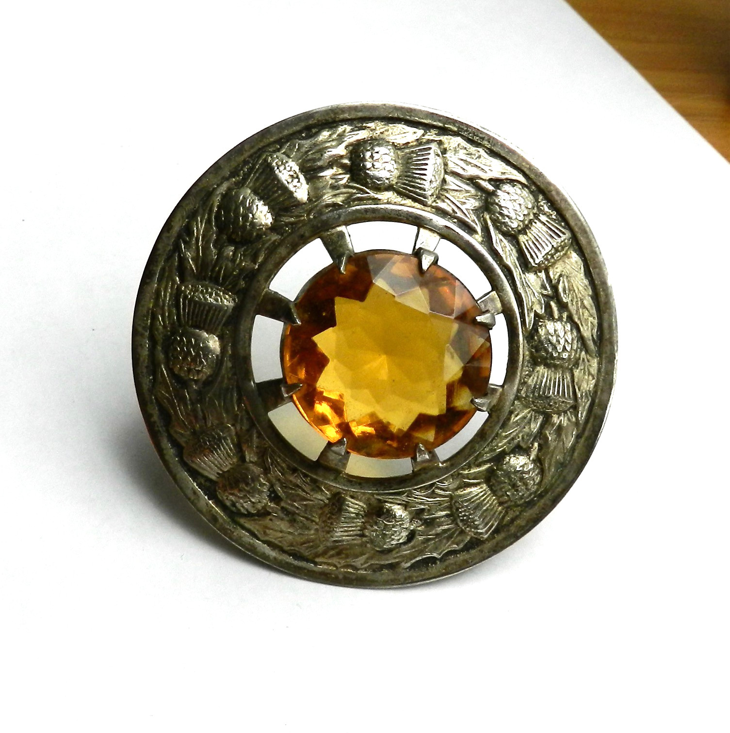 Vintage Large 3″ Thistle Brooch Large Orange Stone Great Britain Kilt Scotland