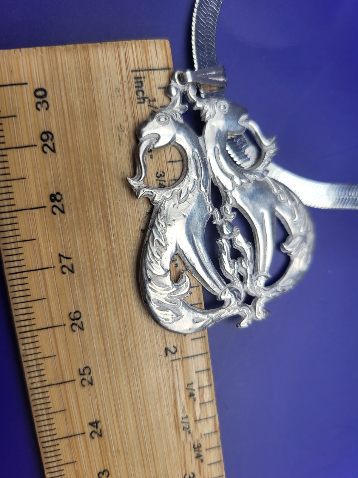 Sterling Silver ITALY 5mm Etched Herringbone Chain Necklace W Dragon Pendant 30g