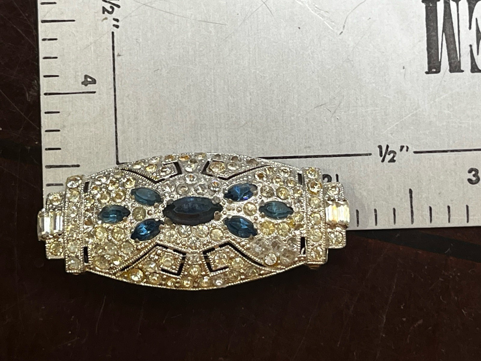 Art Deco Blue Uranium Glow Clear Paste Brooch w/ Baguette & Pavé Rhinestones 2”