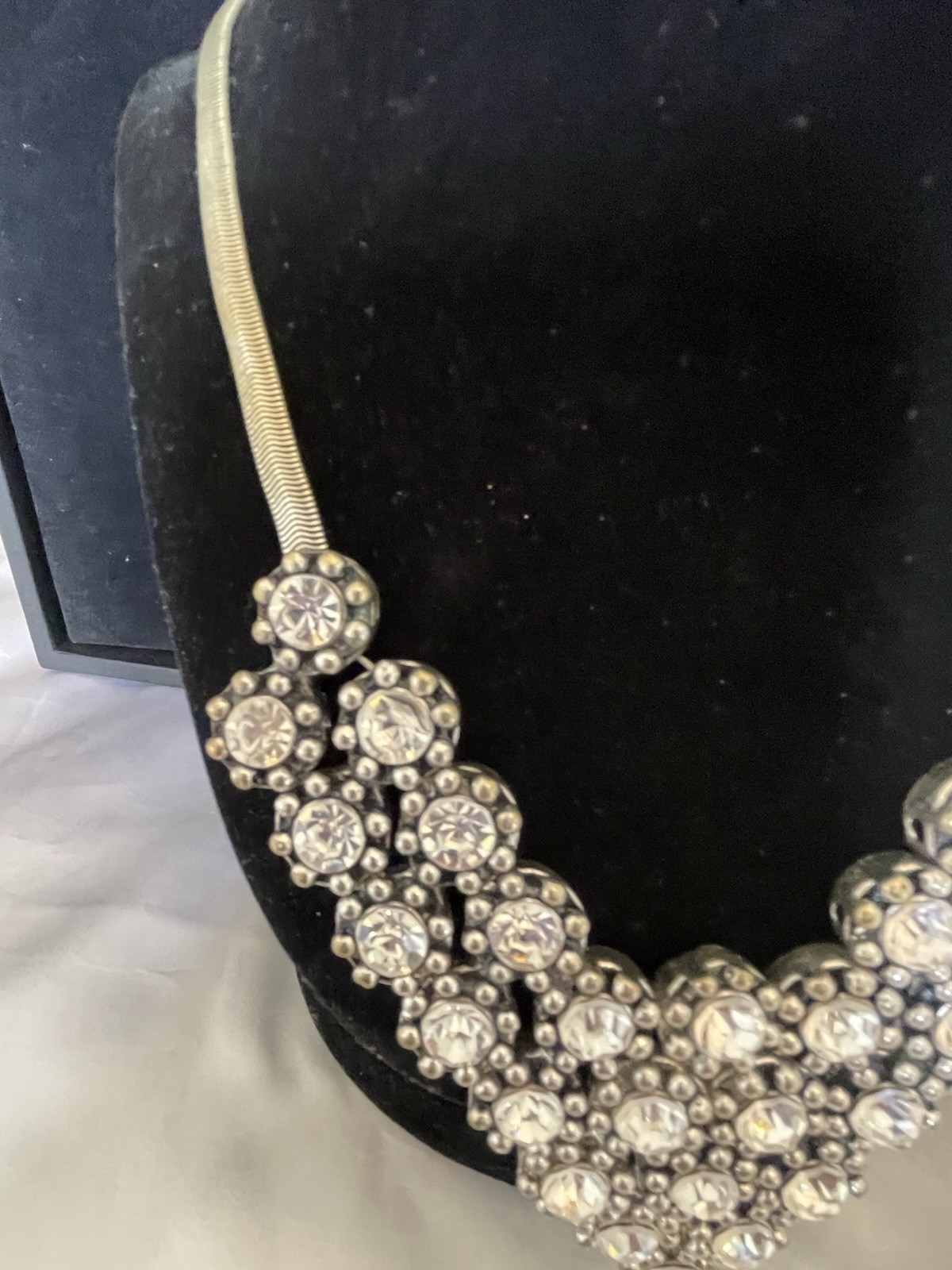 Vintage ALDO Drop “V” Rhinestone Necklace Silver Tone Snake Chain STATEMENT BIB