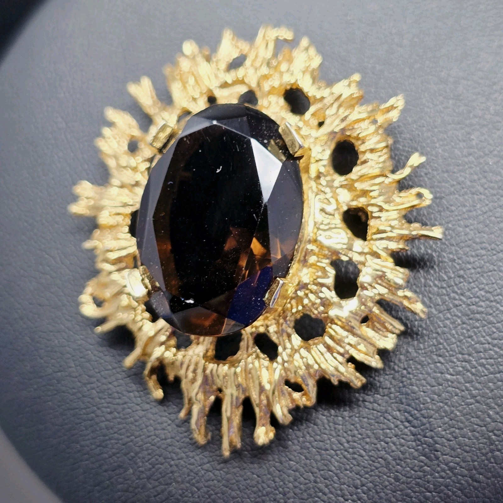 Vtg Mid Century Modern Smokey Quartz Colored Brooch Yellow Gold Plated Excellent