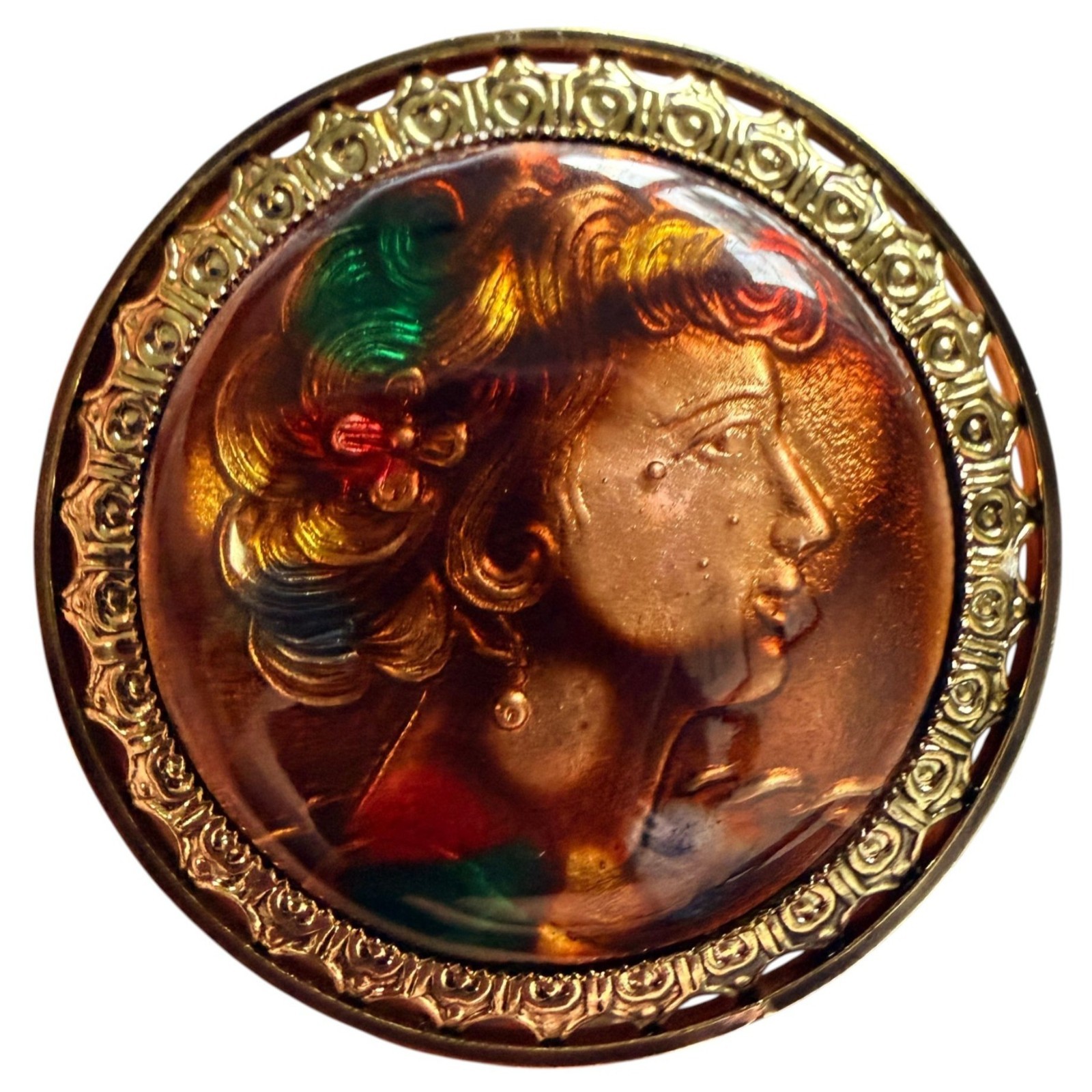 Vintage 1950s Reverse Carved Lucite Renaissance Lady Brooch New Old Stock