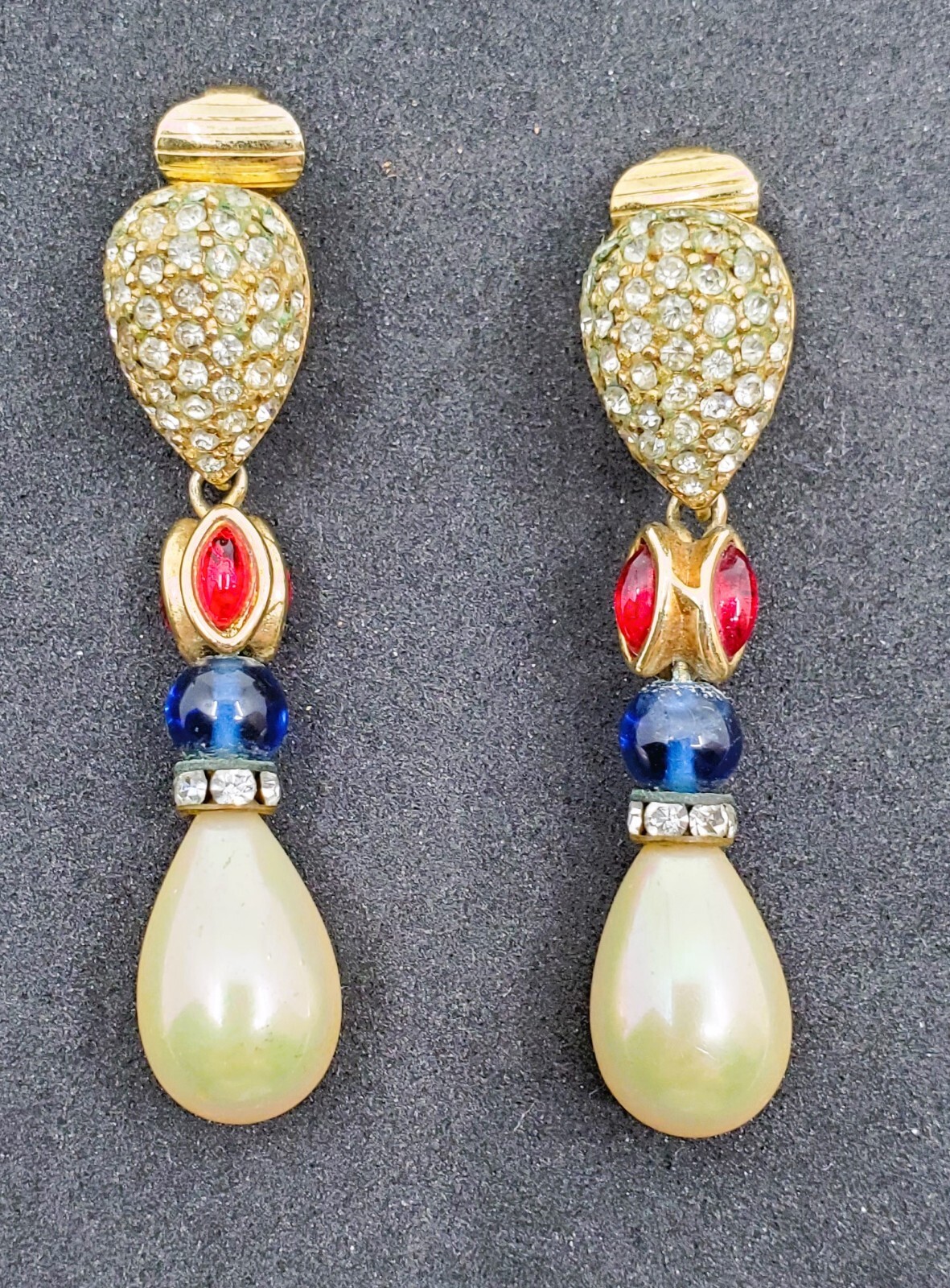Christian DIOR VTG Gold Ruby Red Blue Glass Cabochons Faux Pearl Dangle Clip On