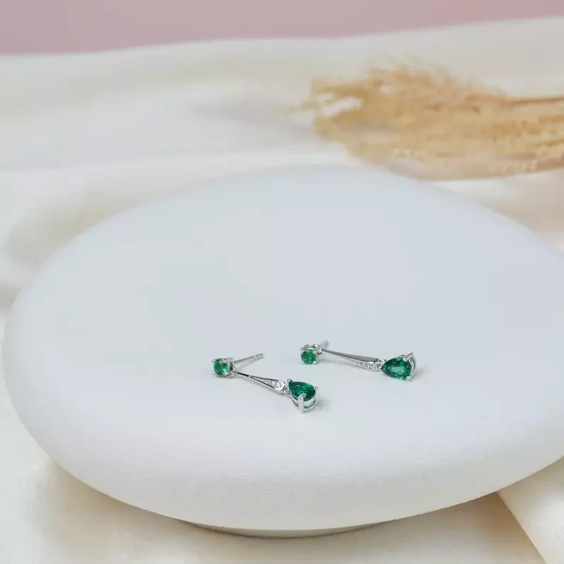 Pear Cut Lab Created Emerald Diamond Woman’s Special Earring 14K White Gold FN