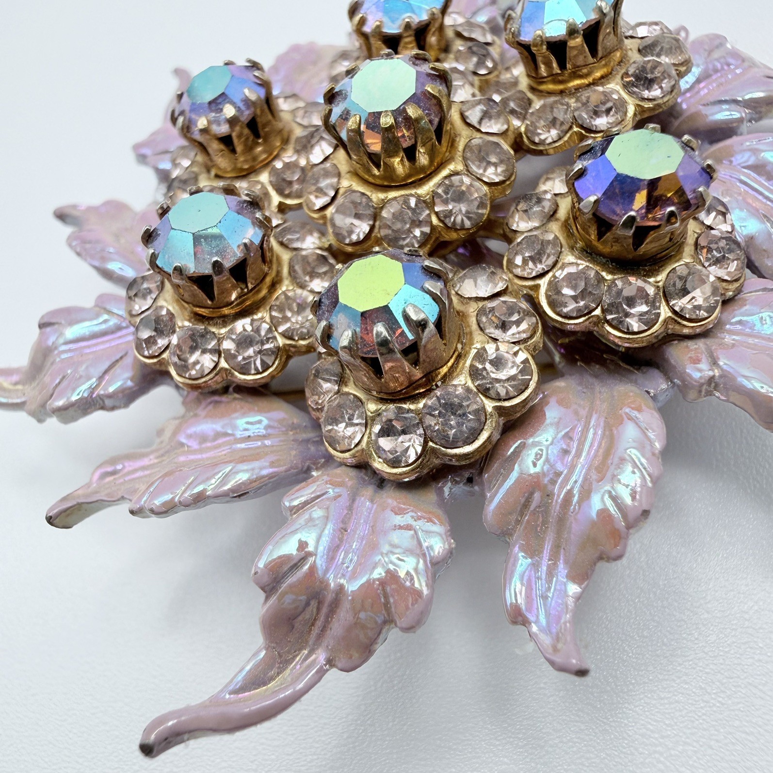 Selini Pearlescent Pink Rhinestone Pin Brooch Aurora Borealis Crystal Vintage