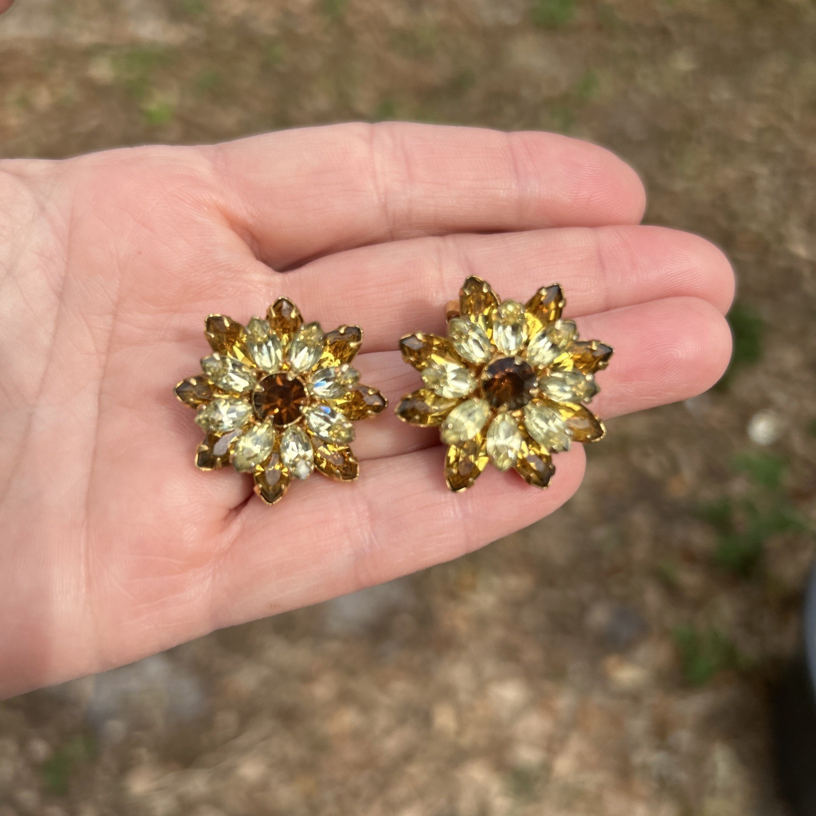 Vintage Kramer Of New York Brown & Gold Rhinestone Clip-On Earrings Gold Tone