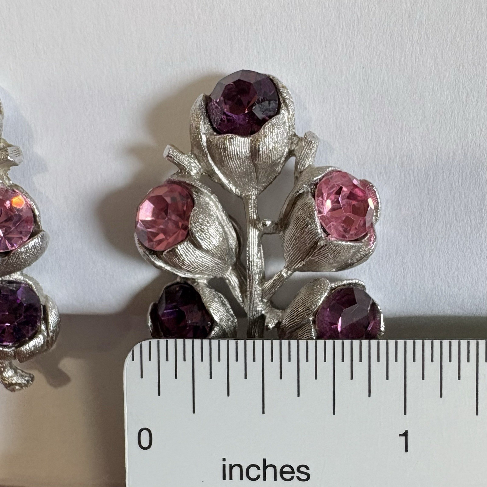 Vtg Sarah Coventry Wisteria Clip Earrings Set Pink Purple Rhinestone Silver Tone