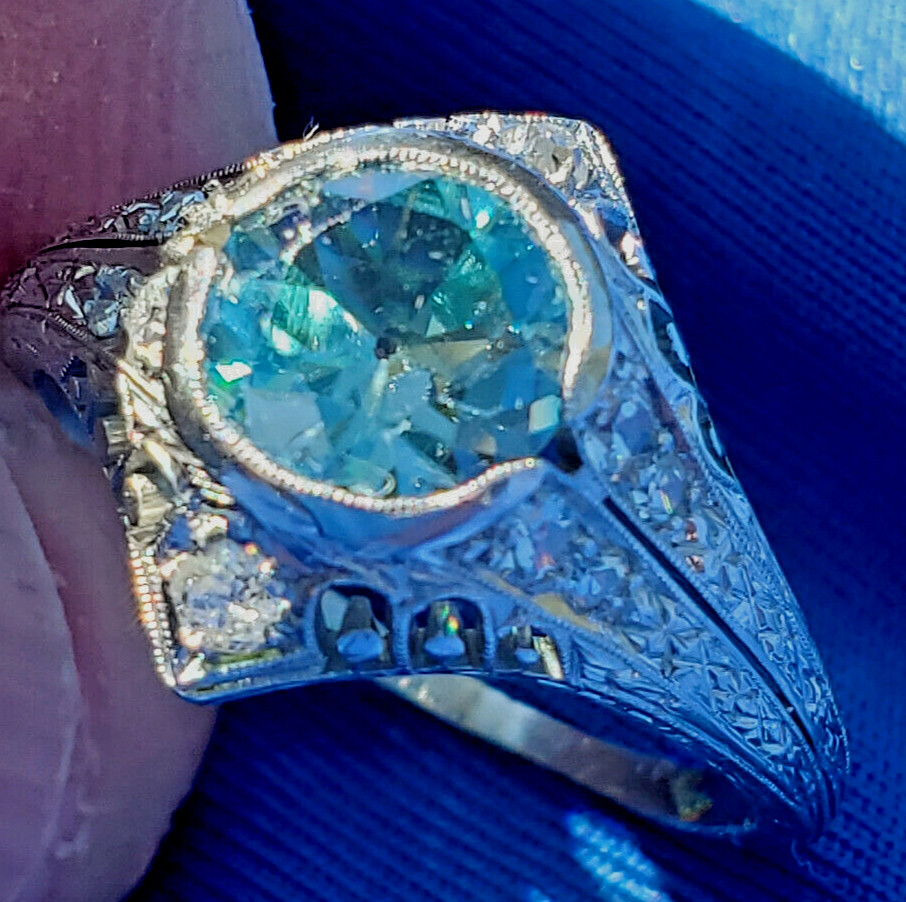 NATURAL EARTH MINED Blue Zircon DIAMOND PLATINUM ORIGINAL DECO Engagement Ring 8