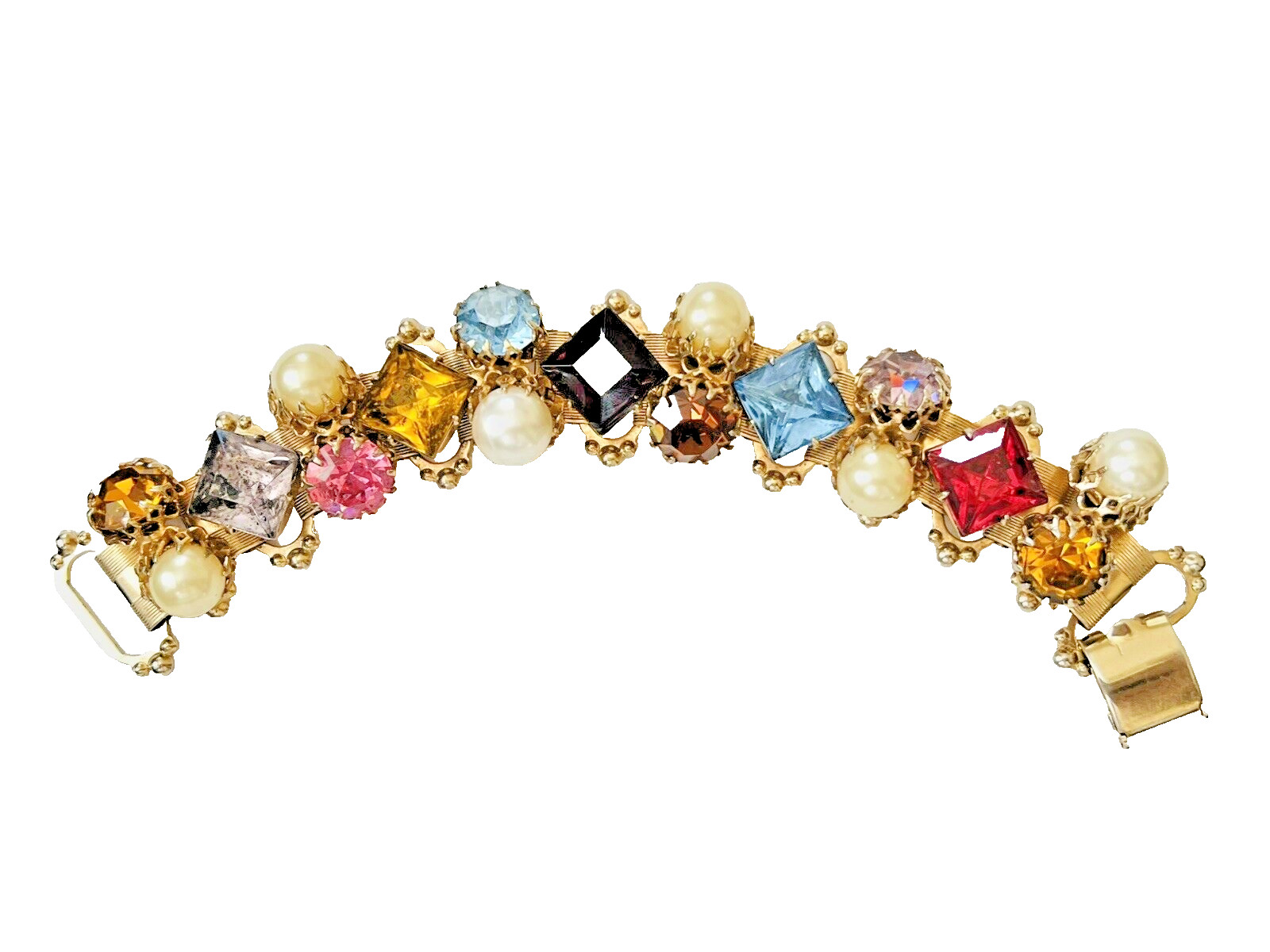 Victorian Revival Gold Tone Multicolored Rhinestone & Pearl Book Chain Bracelet