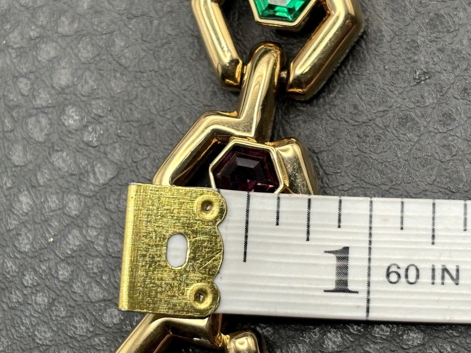 VTG 80s SWAROVSKI SWAN Gold Tone Hexagon Link Bracelet Green Purple Red Crystal