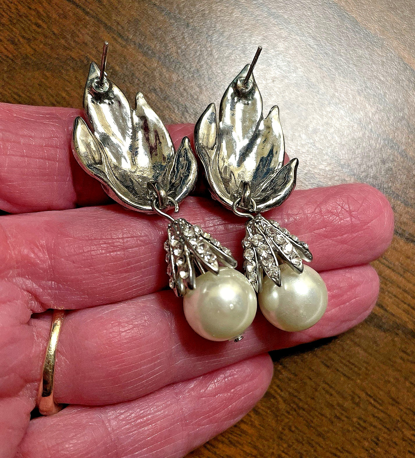 Prom Wedding Formal Earrings Fancy Drop Dangle w Faux Pearls Crystal Accents