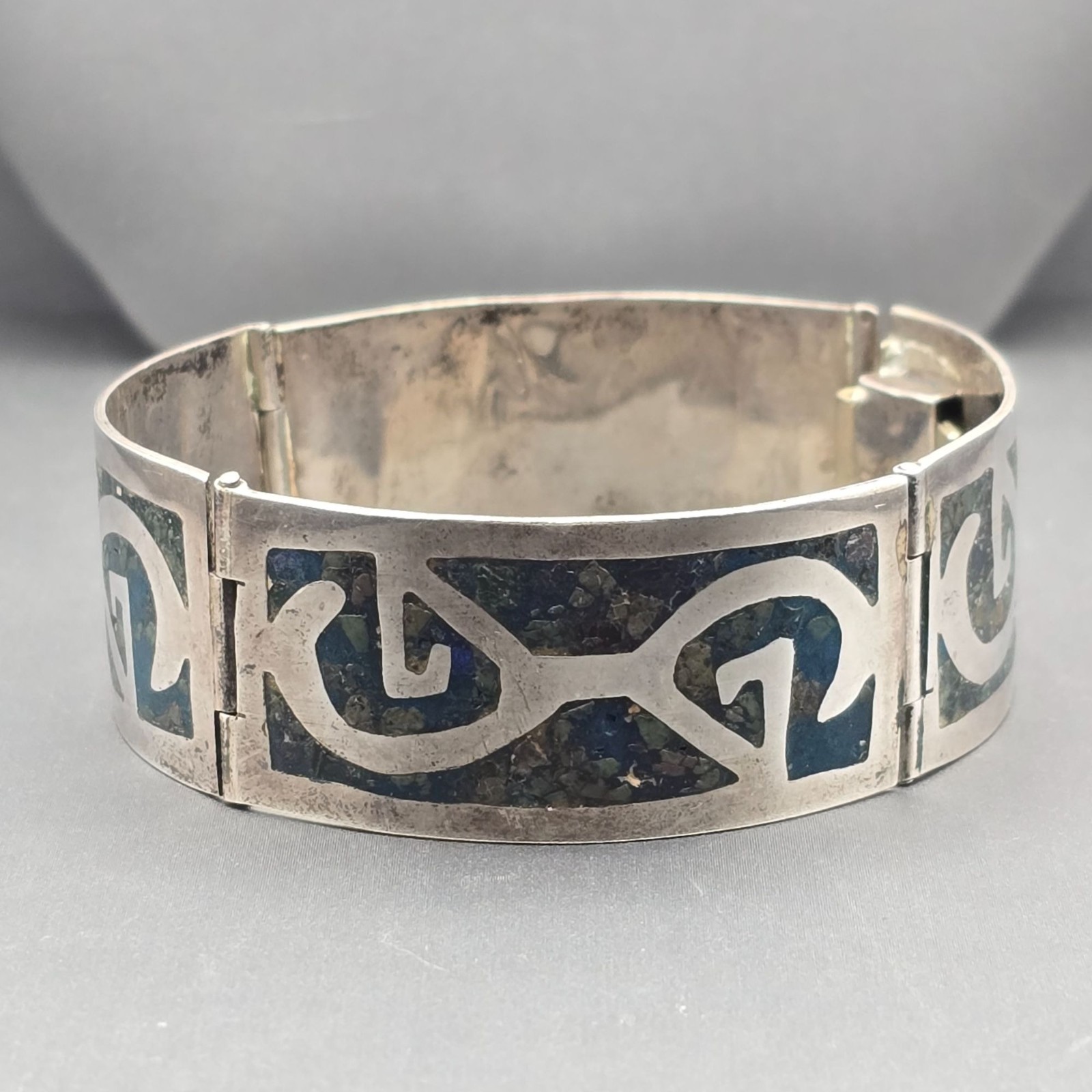Vintage Taxco Sterling Silver Turquoise Inlay Bracelet 7″ Eagle 3 Signed AMD 30g