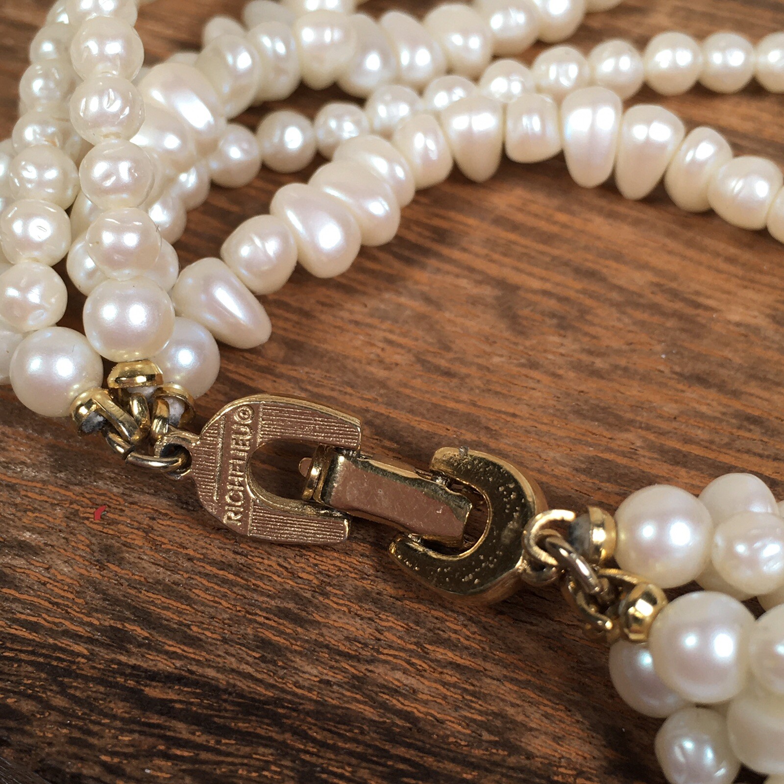 Vintage Richelieu Faux Freshwater Pearl Necklace 6 Strand Rhinestone Bow Slide