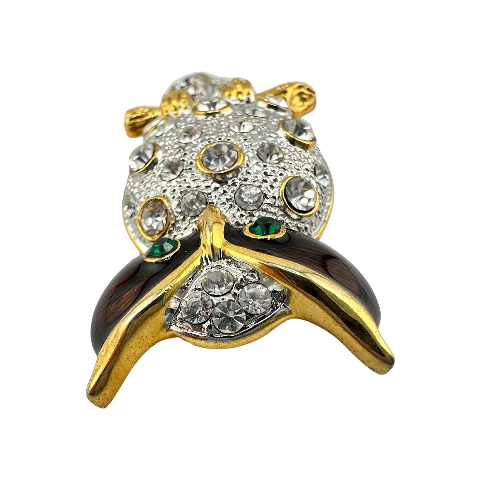 Vintage Rhinestone Owl Two Tone Crystal Accent Enamel Stunning 2.25×1” Brooch