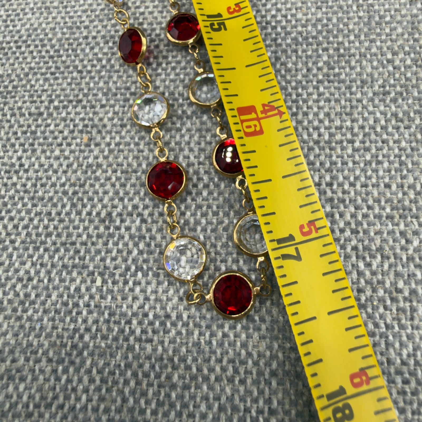 Vintage Necklace 34 Inch Bracelet Size 6.5 Red Clear Open Bezel Crystals