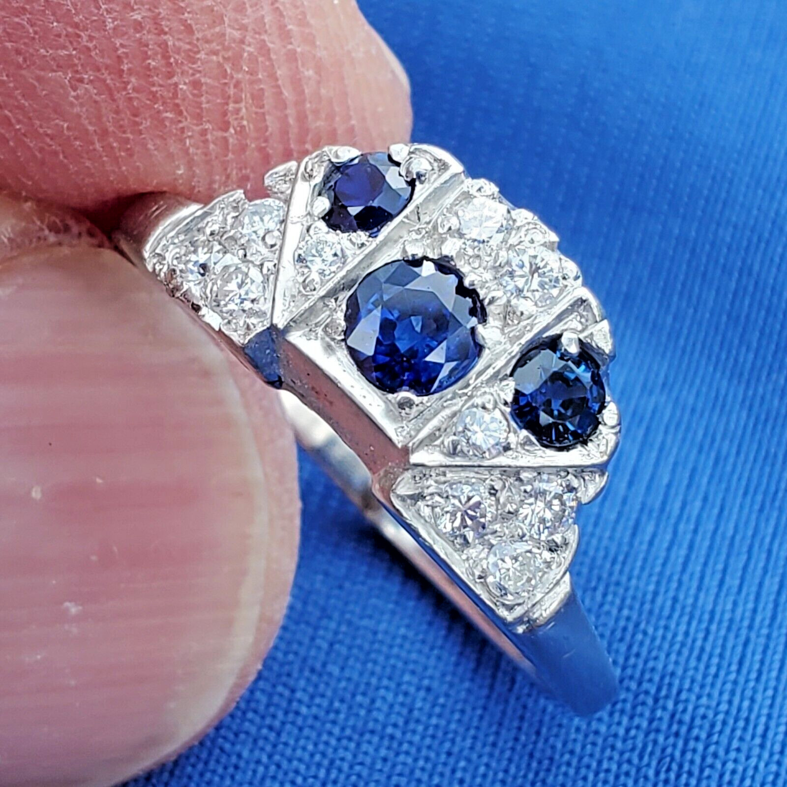 EARTH MINED SAPPHIRE DIAMON Deco Wedding Band Unique Vintage SOLID PLATINUM Ring