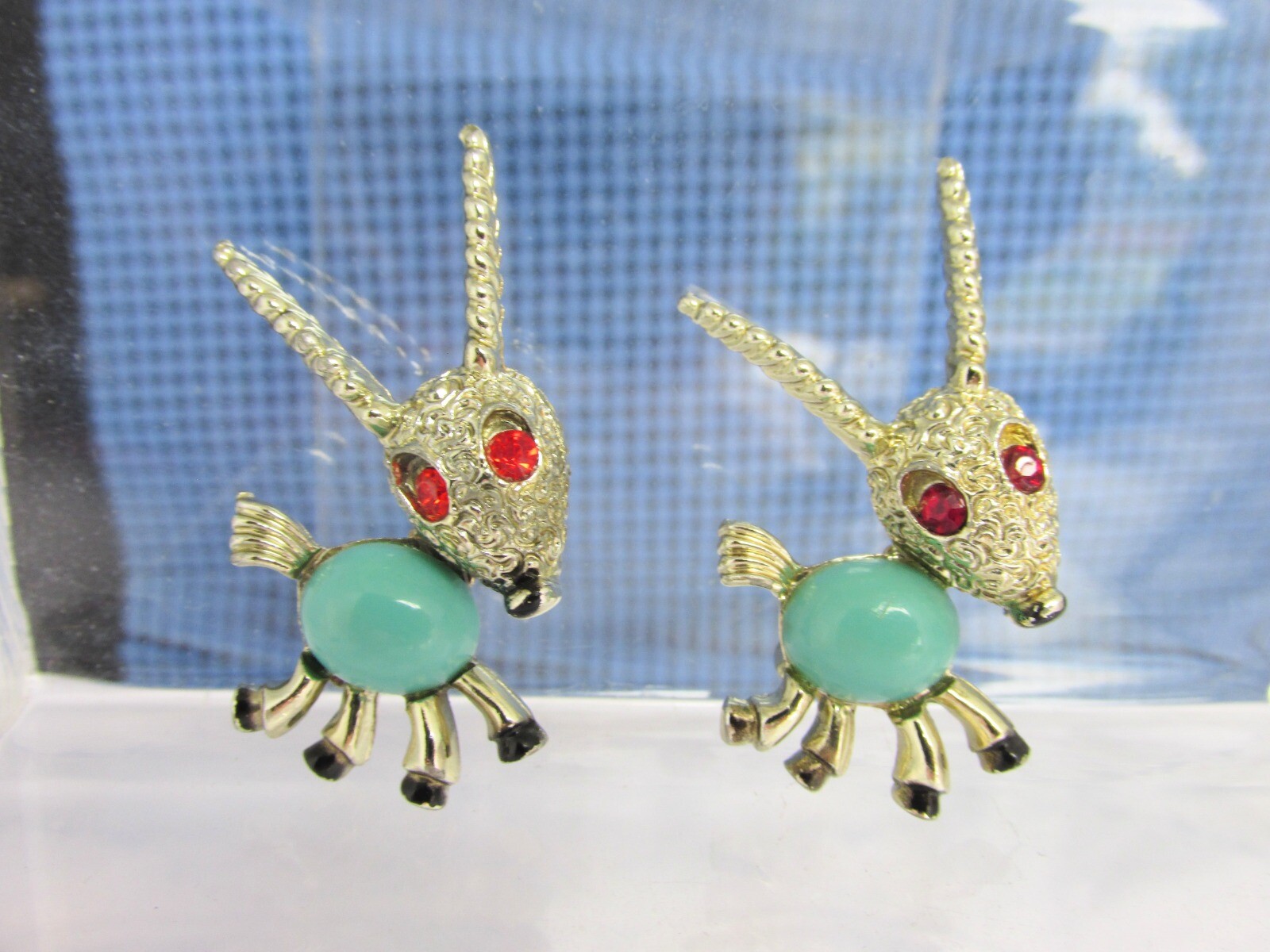 Vintage Weird Antelope Creatures Lapel Pins Aqua Glass Bellies Red Rhinestones