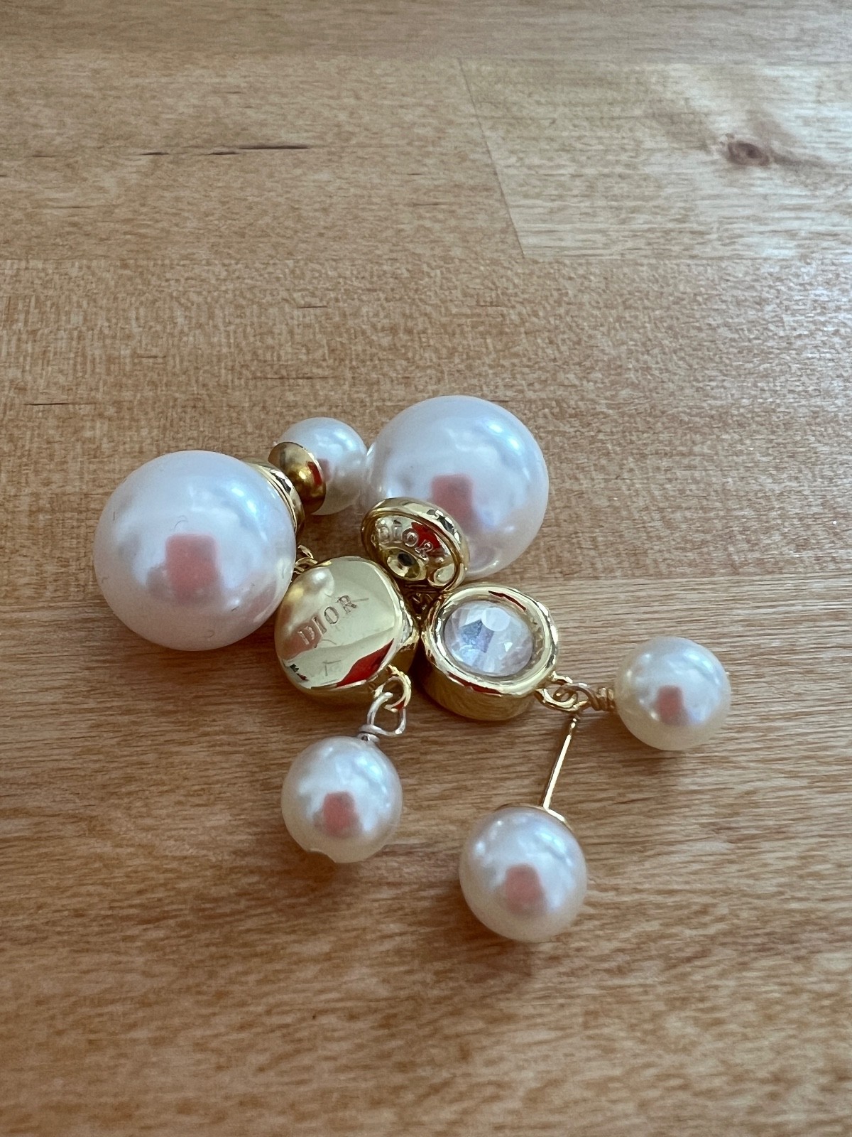 Vintage CHRISTIAN DIOR Gold Tone Crystal Faux Pearl Dangle Pieced Earrings