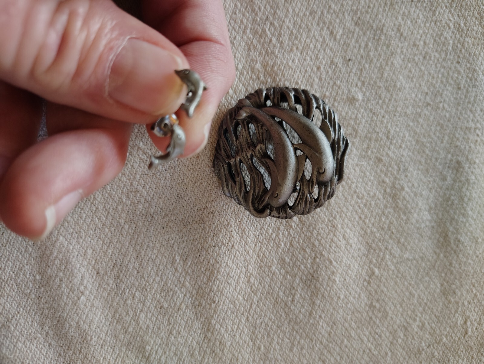 VTG Torino Pewter Dolphin BroochPin And Matching Dolphin Post Earrings Birthday