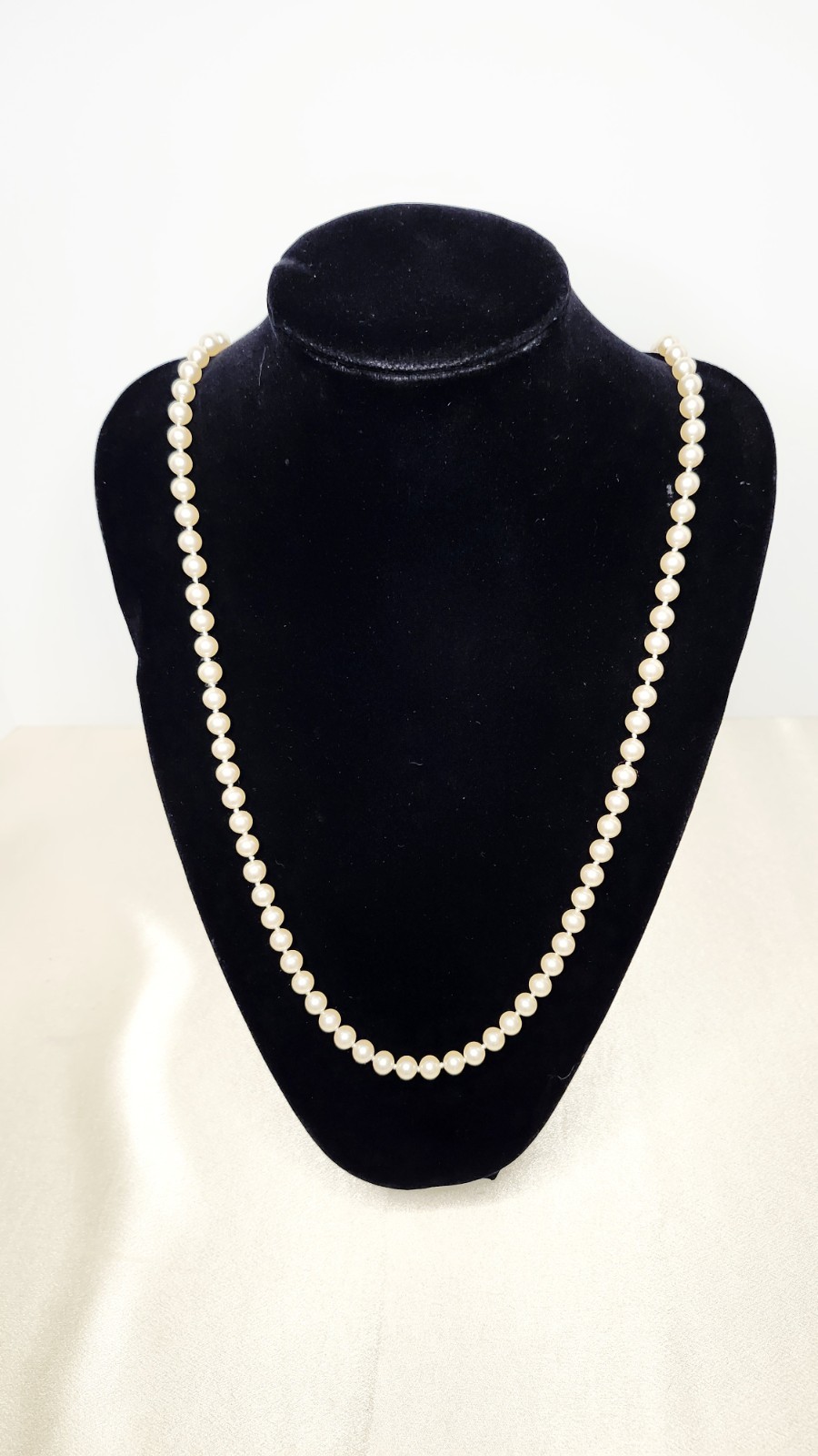 Vintage Glass Faux Pearl Necklace Signed G. Silver Clasp – 6mm Beads, 36″ L