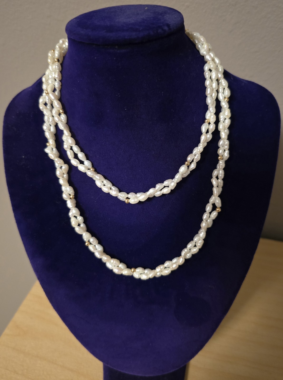 Estate 30″ Multi Strand Pearl & 24K Gold Bead Twisted Rope Statement Necklace
