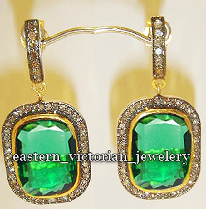 Vintage 1.88Ctw Rose Cut Diamond Emerald Studded Silver Stunning Earring Jewelry