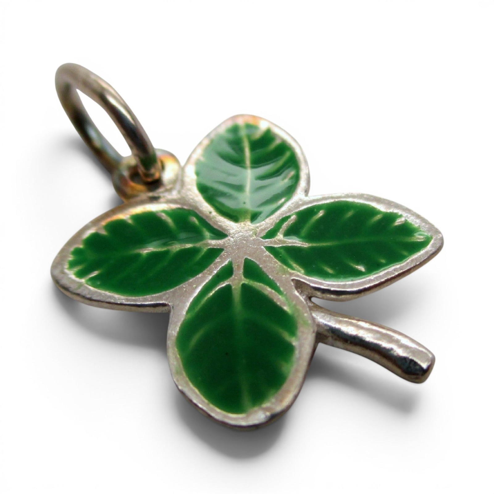Sterling Silver Green Enamel Four Leaf Clover Charm for Bracelet Good Luck Gift