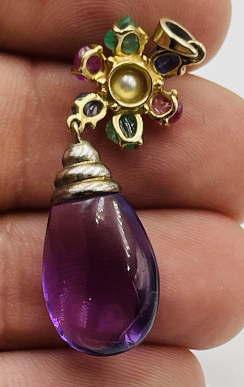 Vintage 18k Gold & Sterling Tutti Frutti Sapphire Emerald Ruby Amethyst Pendant