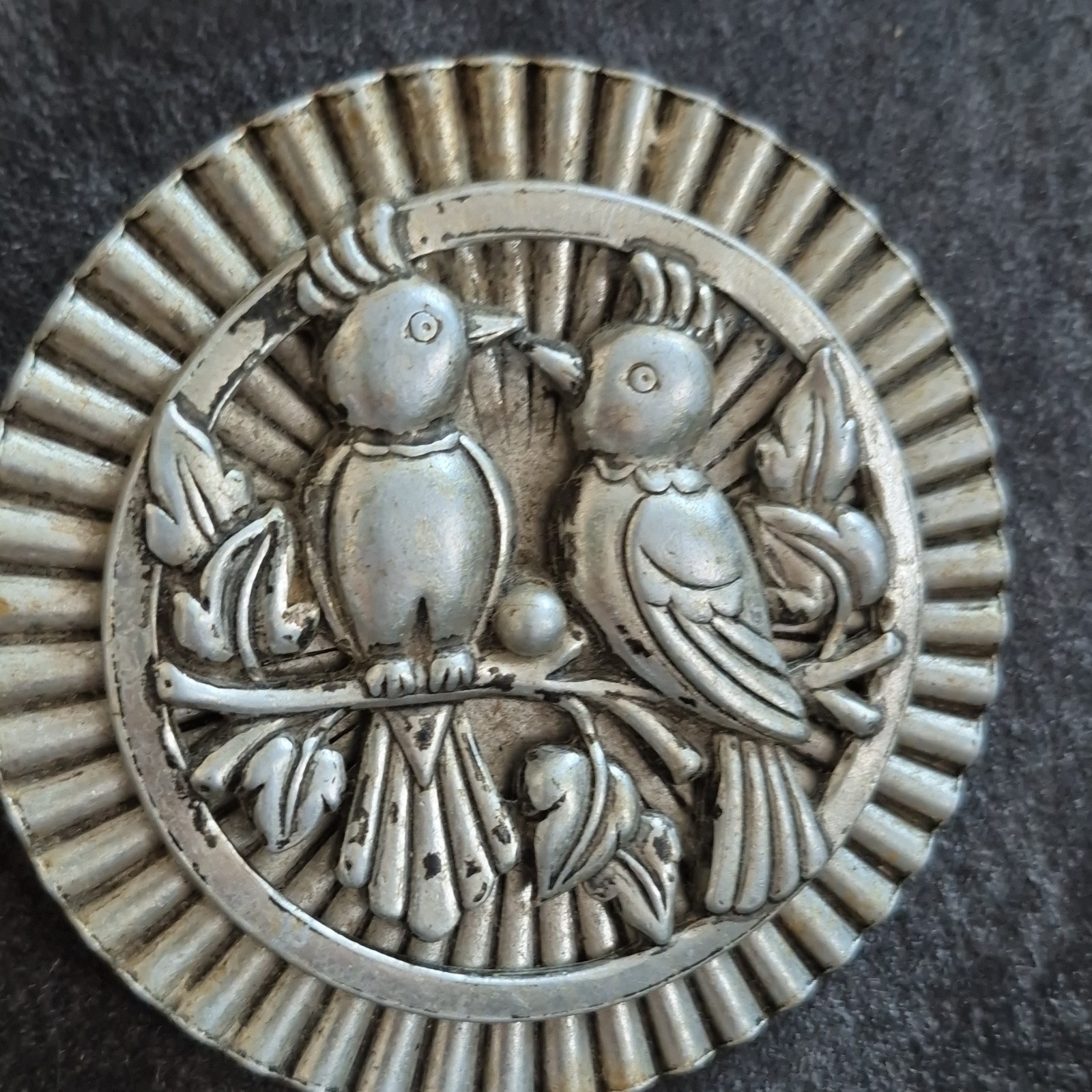 Vintage Silver Metal Round Brooch with Birds Design No Stone Bird Theme Jewelry