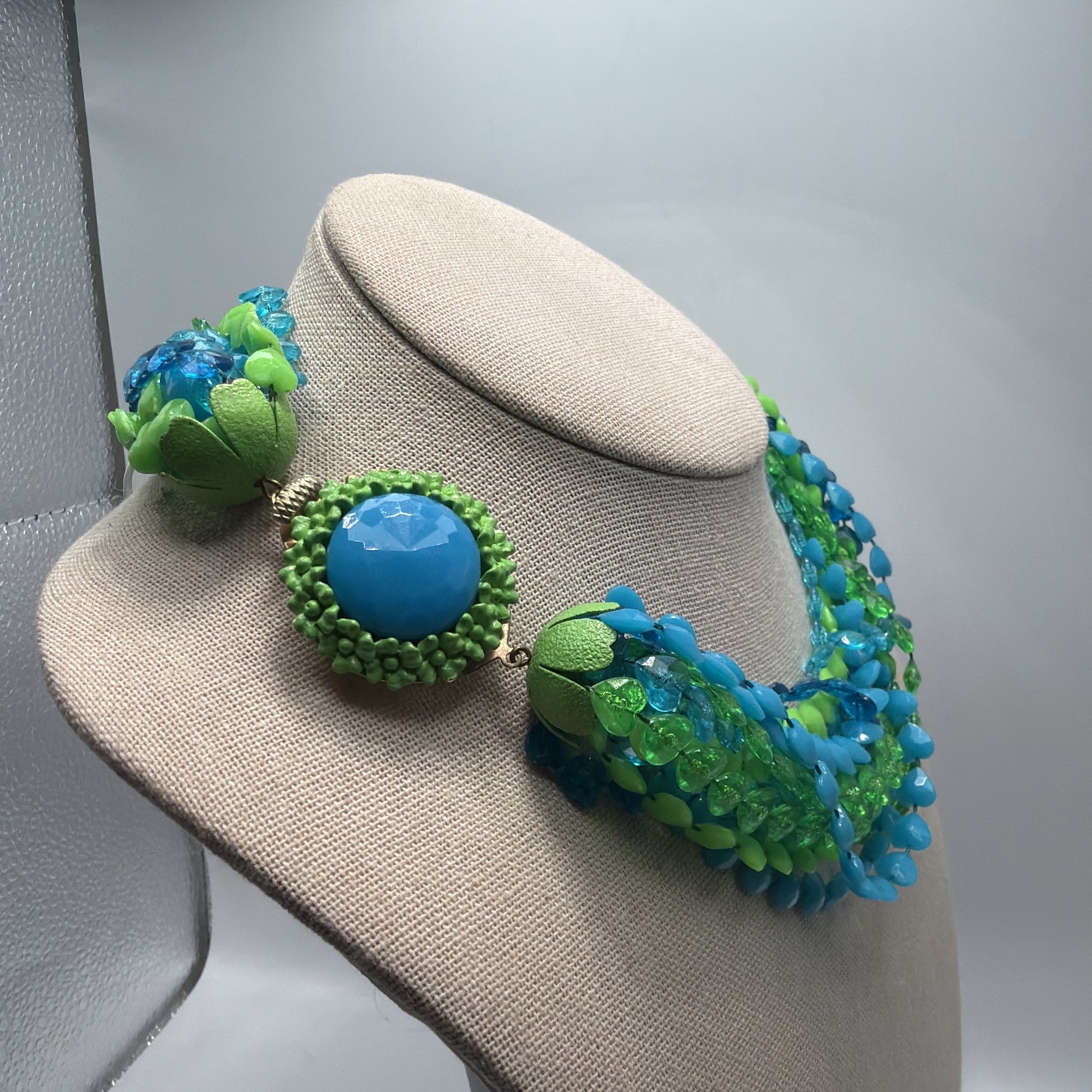 Vintage Multi Strand Hearts Necklace Acrylic Green & Blue Gold Toned Size 16”