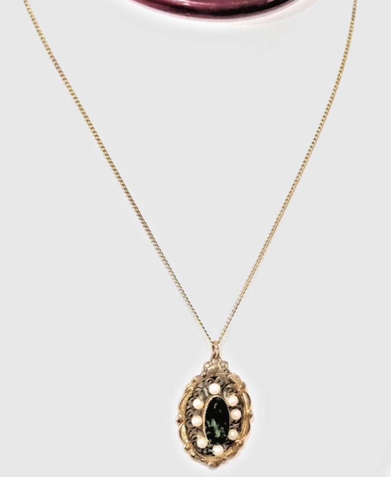 Vintage 12k Gold Fill Real Pearl Genuine Jade Pendant Chain Necklace See Video