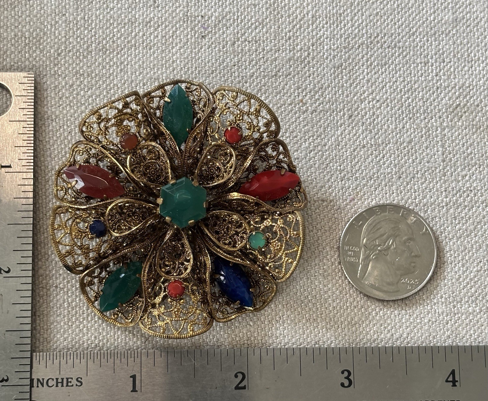 Vintage Czechoslovakia Prong Set Red Blue Green Yellow Crystal Filigree Brooch