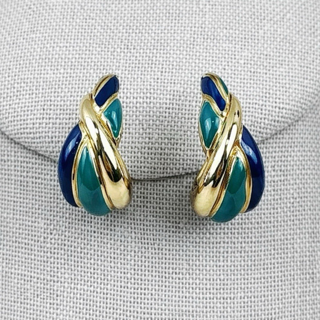Vintage TRIFARI Gold & Green Earrings Pierced Huggies Style 1”