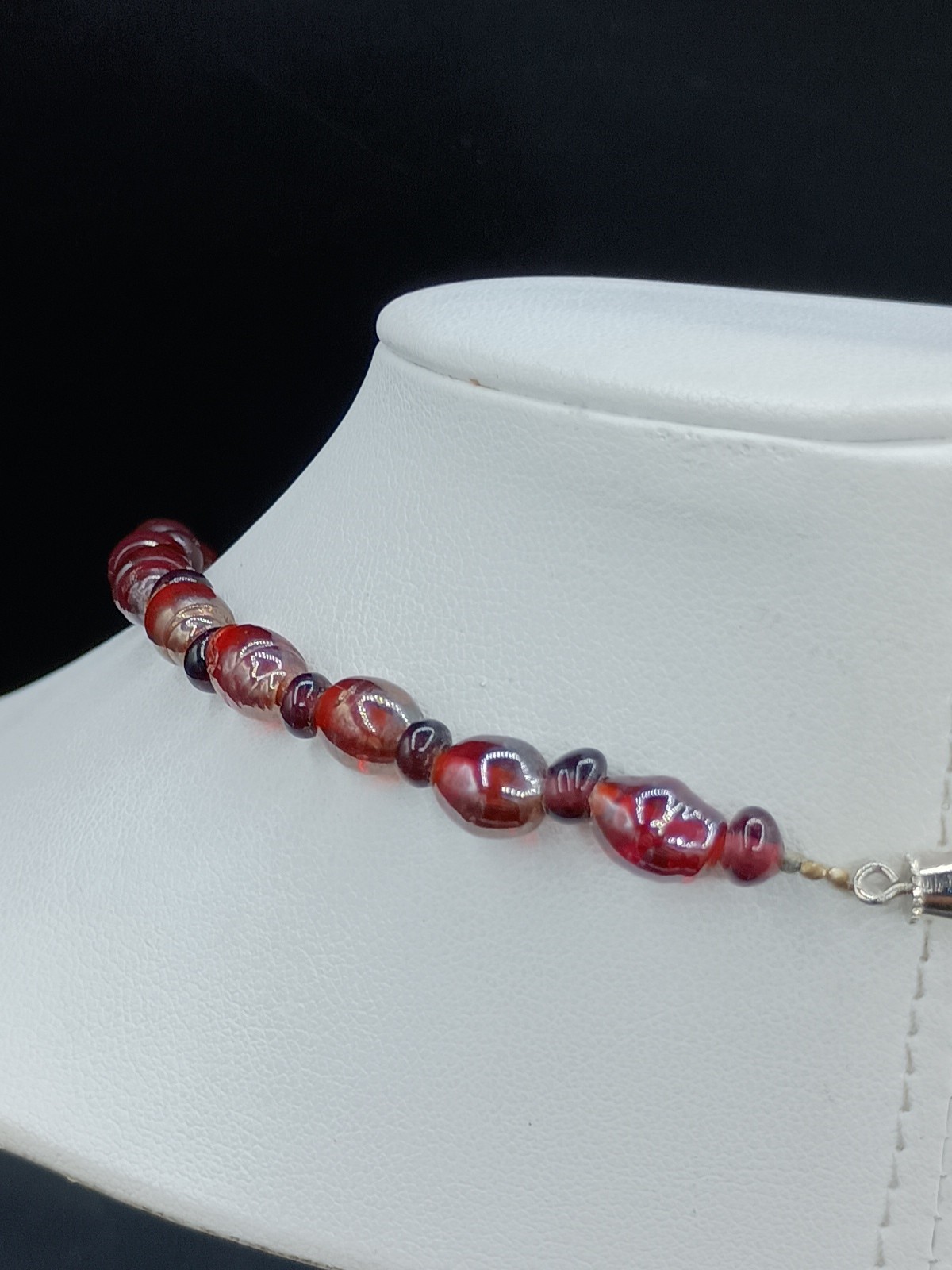 Antique Glass Necklace Beaded Purple Red Opalescent Y Dangle Barrel Clasp 18″